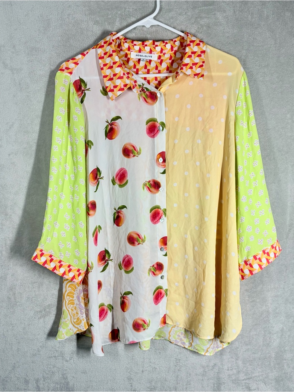 Rose + Olive Mixed Print Fruit Blouse Size 1X Polka Dot Maximalist Dopamine